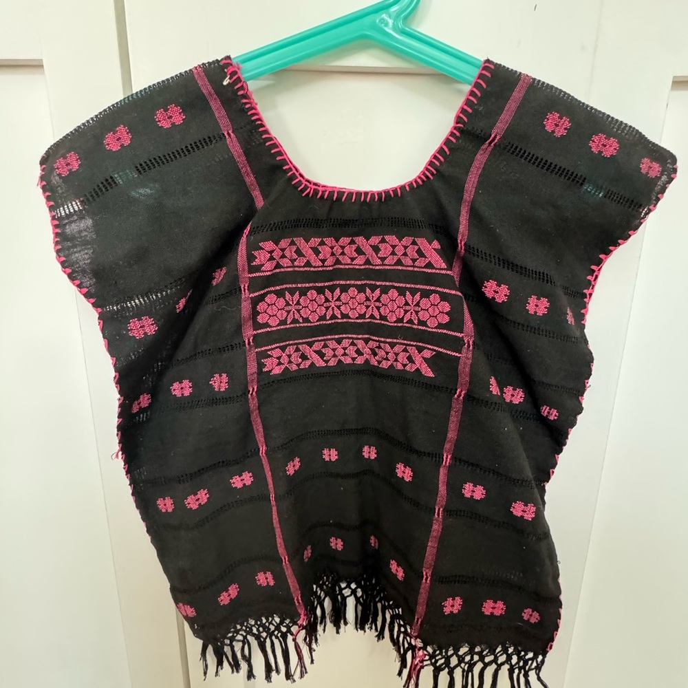 Girls 3T Black Handwoven Mexican Huipil with Pink Embroidery